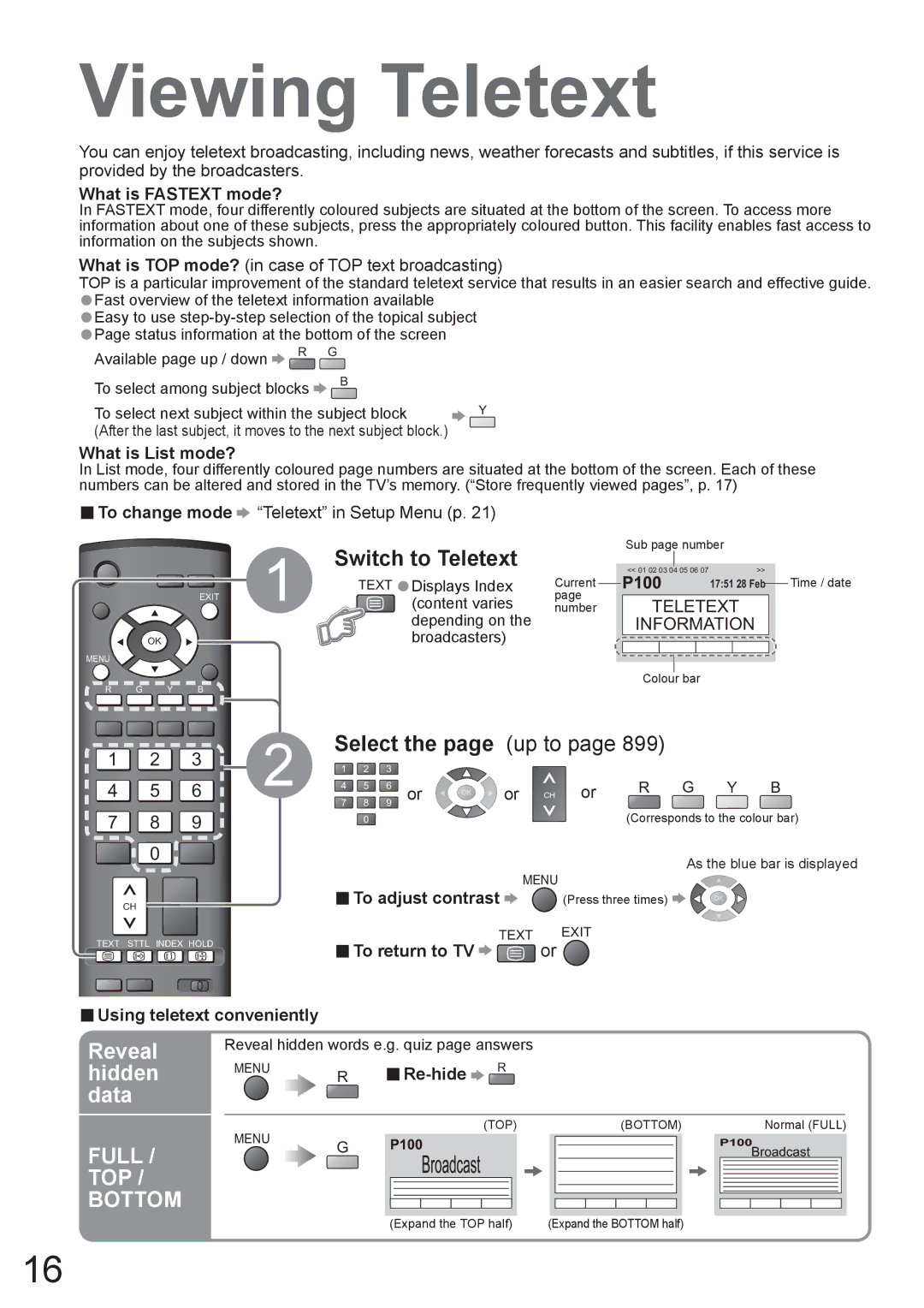 Panasonic TX-37LZD800A manual Viewing Teletext, Reveal, Hidden, Data 