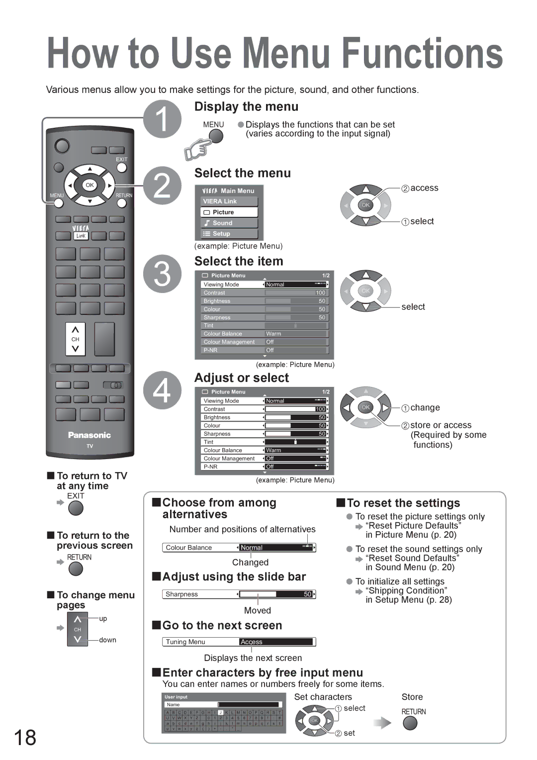 Panasonic TX-37LZD800A manual Display the menu, Select the menu, Select the item, Adjust or select 