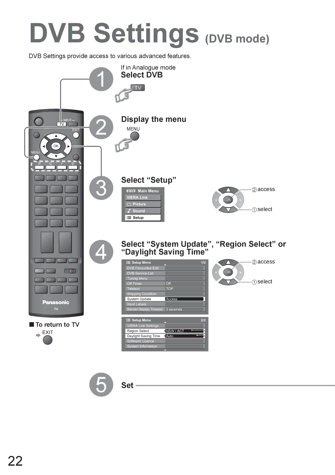 Panasonic TX-37LZD800A manual DVB Settings DVB mode, Select DVB Display the menu, Select Setup 