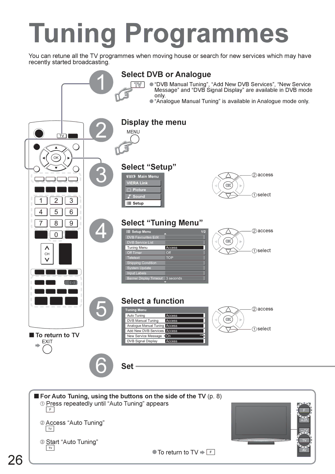 Panasonic TX-37LZD800A manual Tuning Programmes, Select Tuning Menu, Select a function 