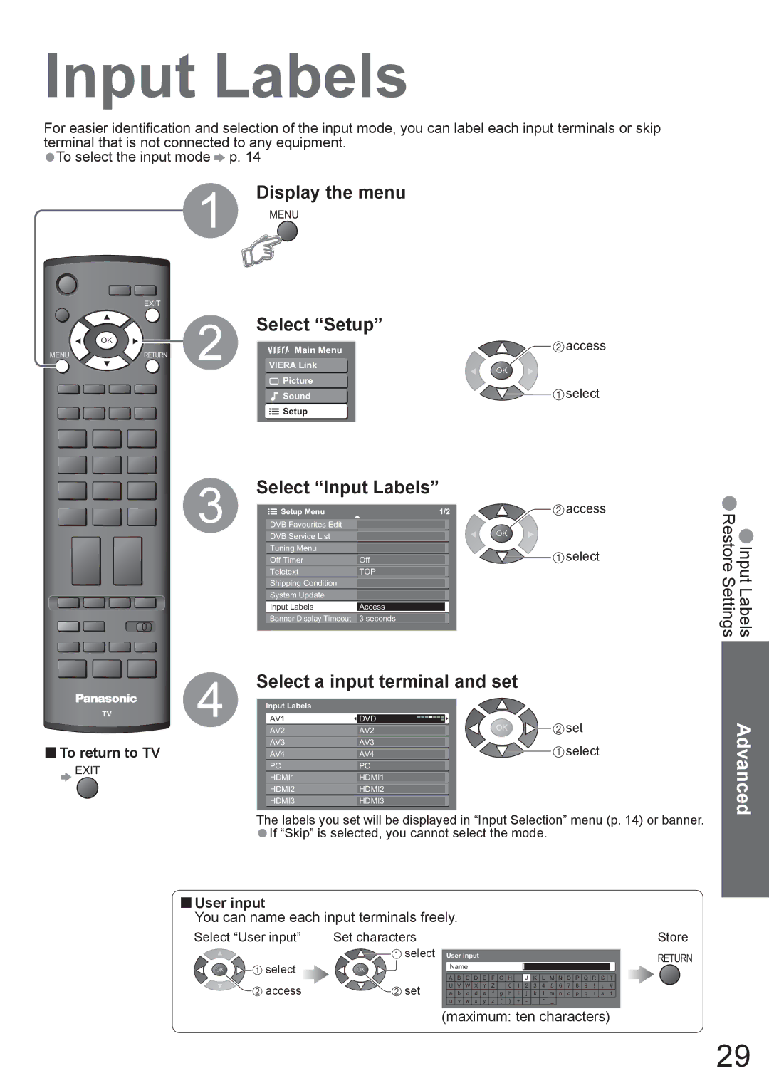 Panasonic TX-37LZD800A manual Select Input Labels, Select a input terminal and set, User input 