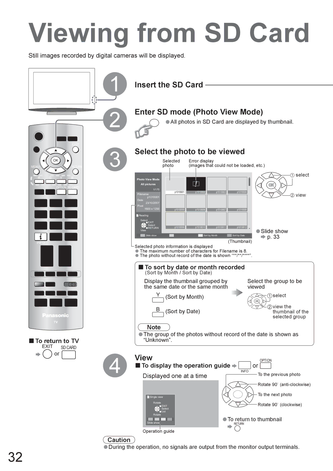 Panasonic TX-37LZD800A manual Viewing from SD Card, Enter SD mode Photo View Mode, Select the photo to be viewed 