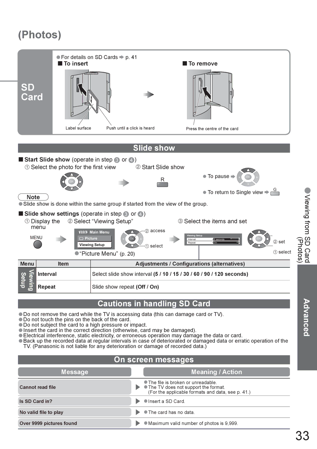 Panasonic TX-37LZD800A manual Slide show, On screen messages, To insert, Picture Menu p 