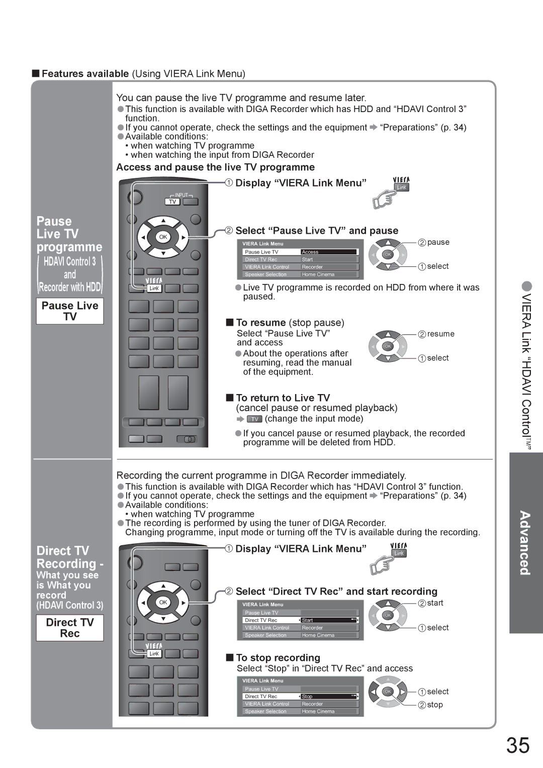 Panasonic TX-37LZD800A manual Pause Live, Direct TV Rec 