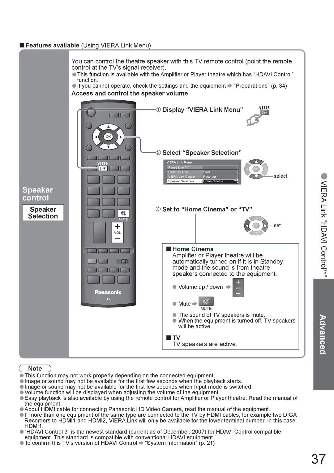 Panasonic TX-37LZD800A manual Speaker control, Speaker Selection 