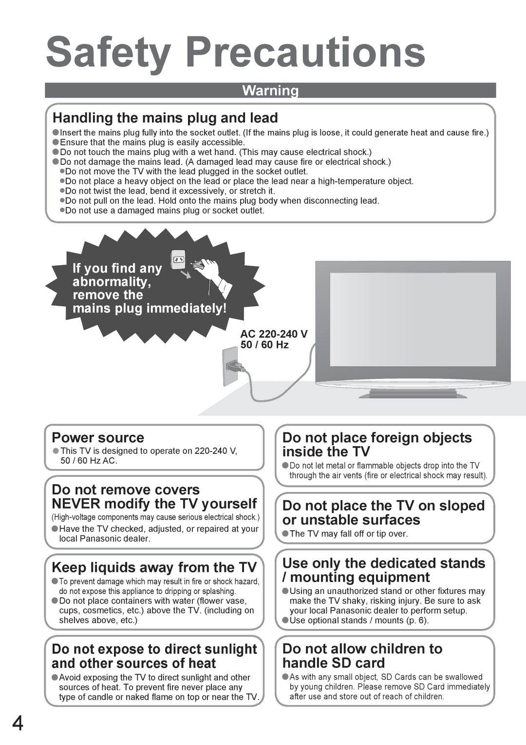 Panasonic TX-37LZD800A manual Safety Precautions, If you ﬁnd any abnormality, remove Mains plug immediately 