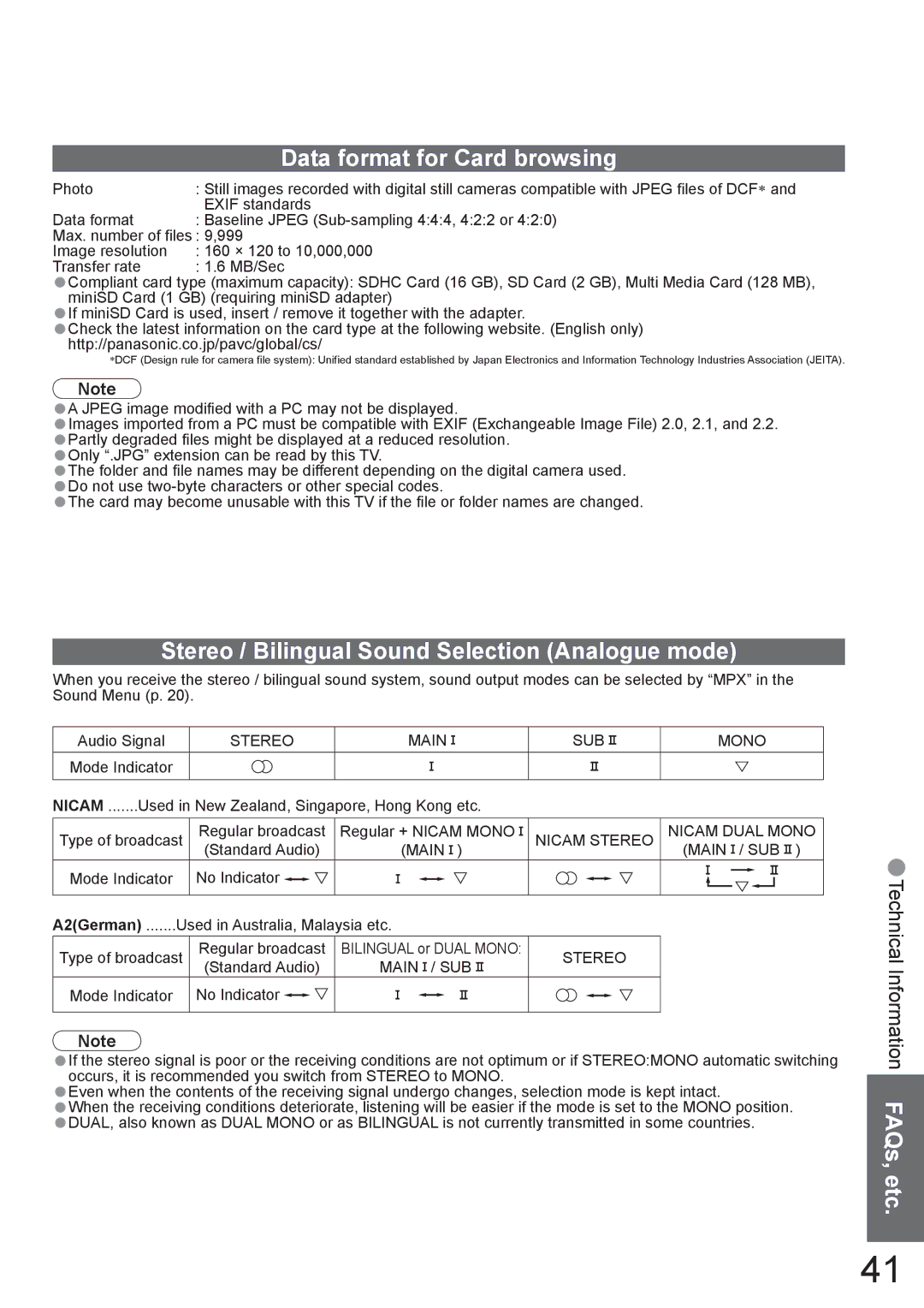 Panasonic TX-37LZD800A manual Data format for Card browsing, Stereo / Bilingual Sound Selection Analogue mode 