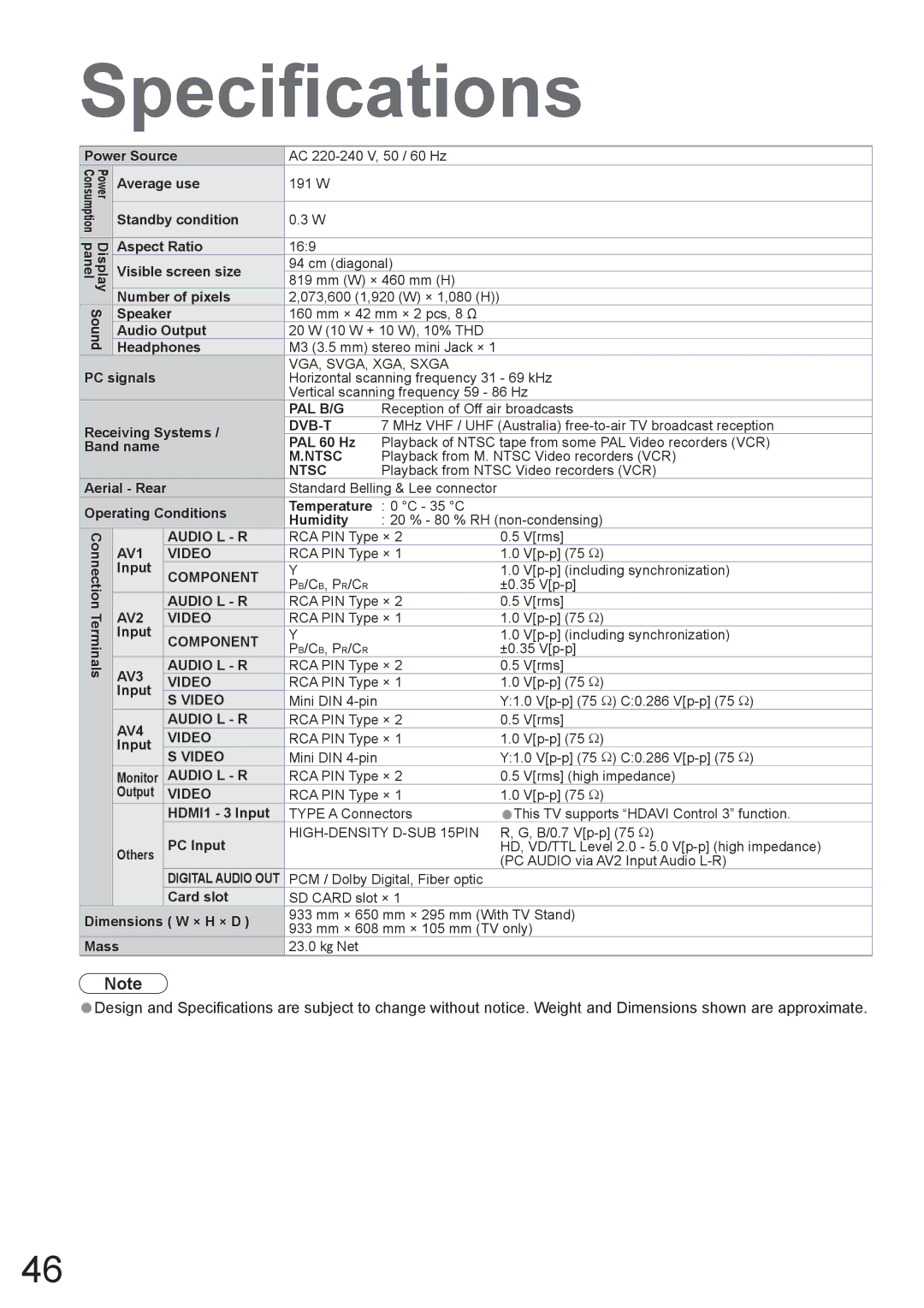 Panasonic TX-37LZD800A manual Speciﬁcations 