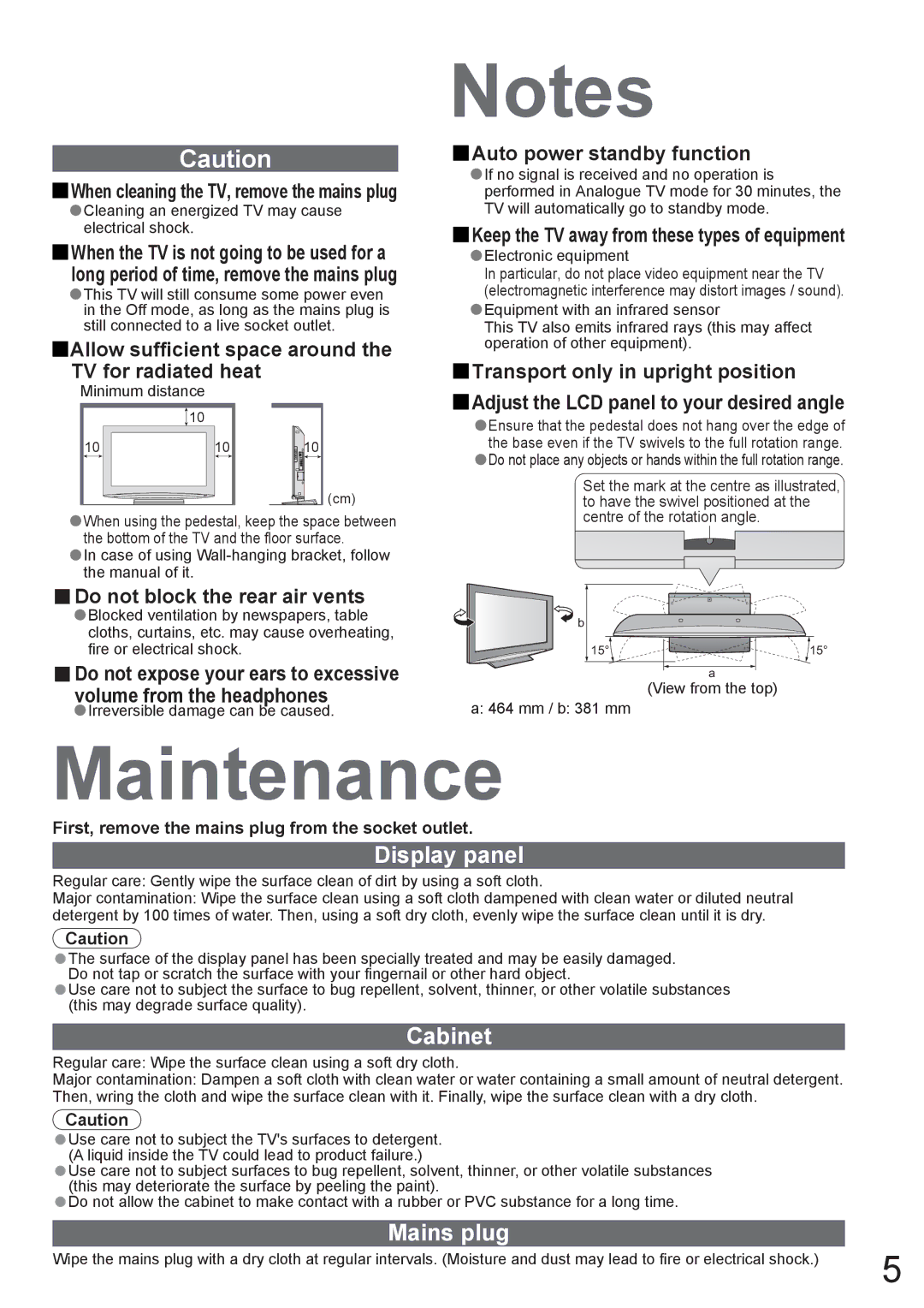 Panasonic TX-37LZD800A manual Maintenance, Display panel, Cabinet, Mains plug 