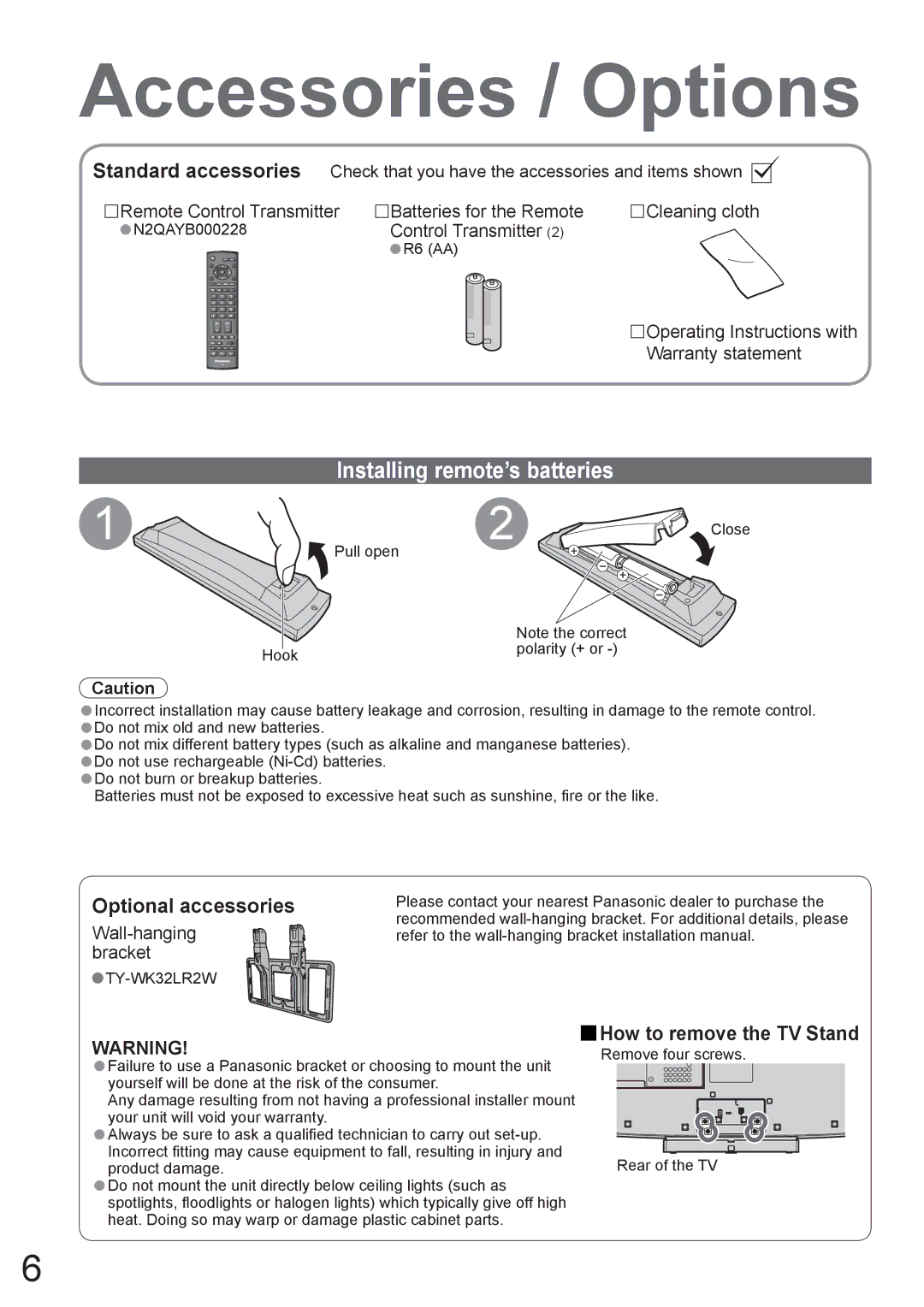 Panasonic TX-37LZD800A manual Accessories / Options, Installing remote’s batteries, Optional accessories 