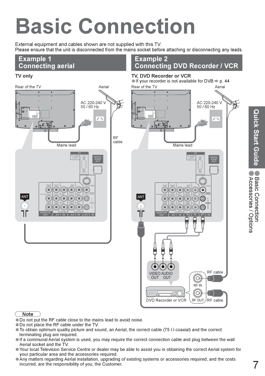 Panasonic TX-37LZD800A manual Basic Connection, Example Connecting aerial Connecting DVD Recorder / VCR 