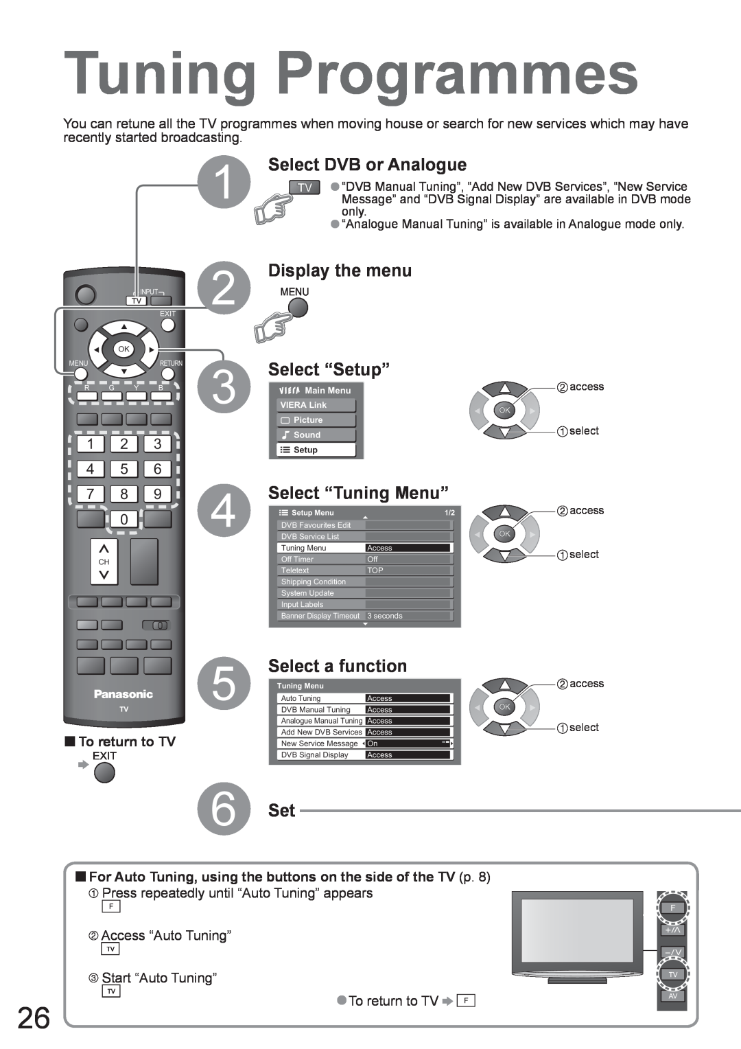 Panasonic TX-37LZD800A Tuning Programmes, Select DVB or Analogue, Select “Tuning Menu”, Select a function, 6 Set, Picture 