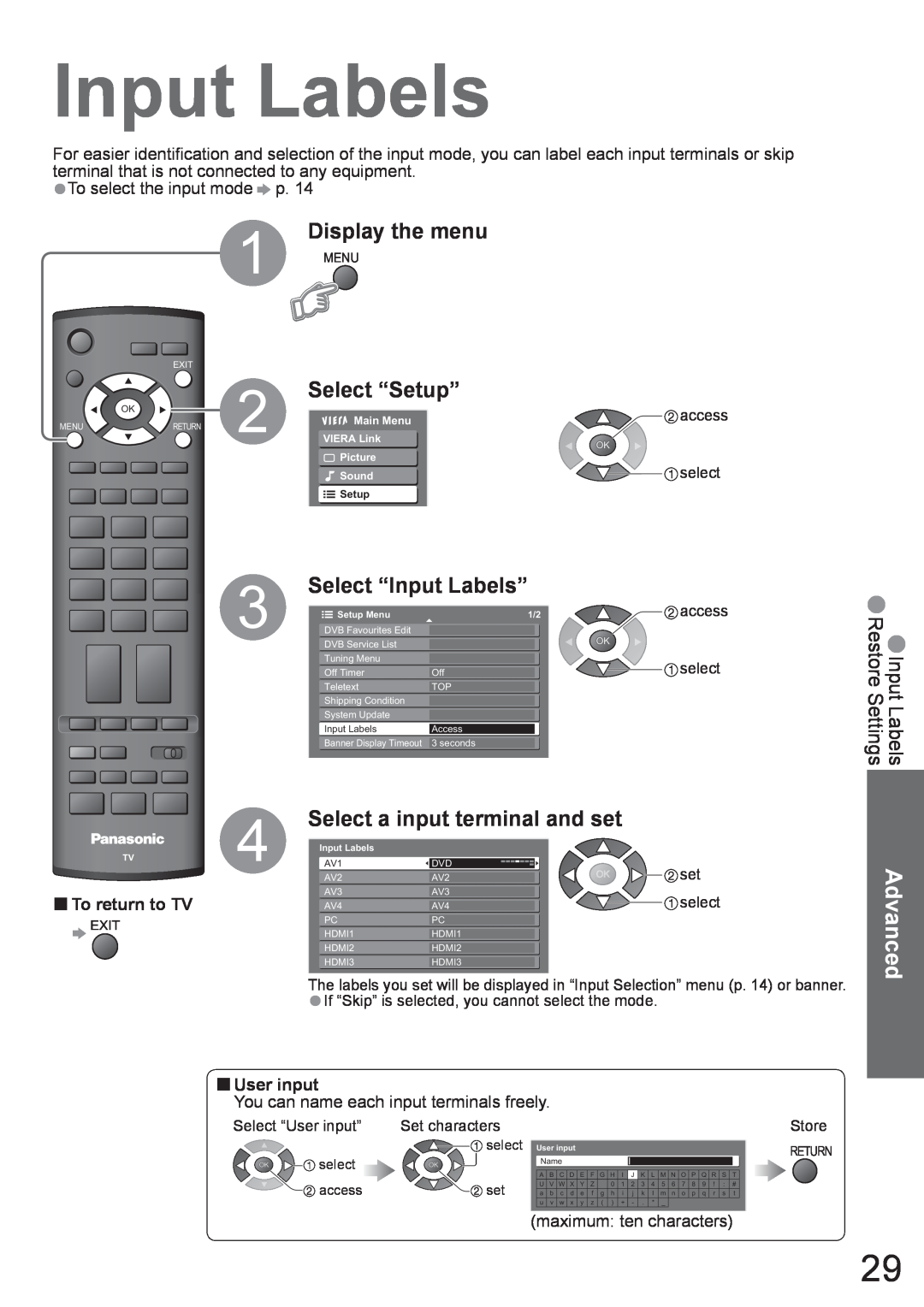 Panasonic TX-37LZD800A Select “Input Labels”, Select a input terminal and set, Select “Setup”, User input, Advanced 