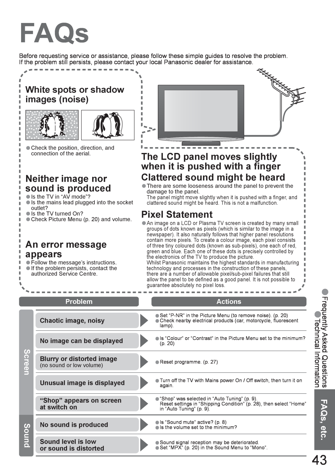 Panasonic TX-37LZD800A manual FAQs, White spots or shadow images noise, Sound, Problem, Actions, Blurry or distorted image 
