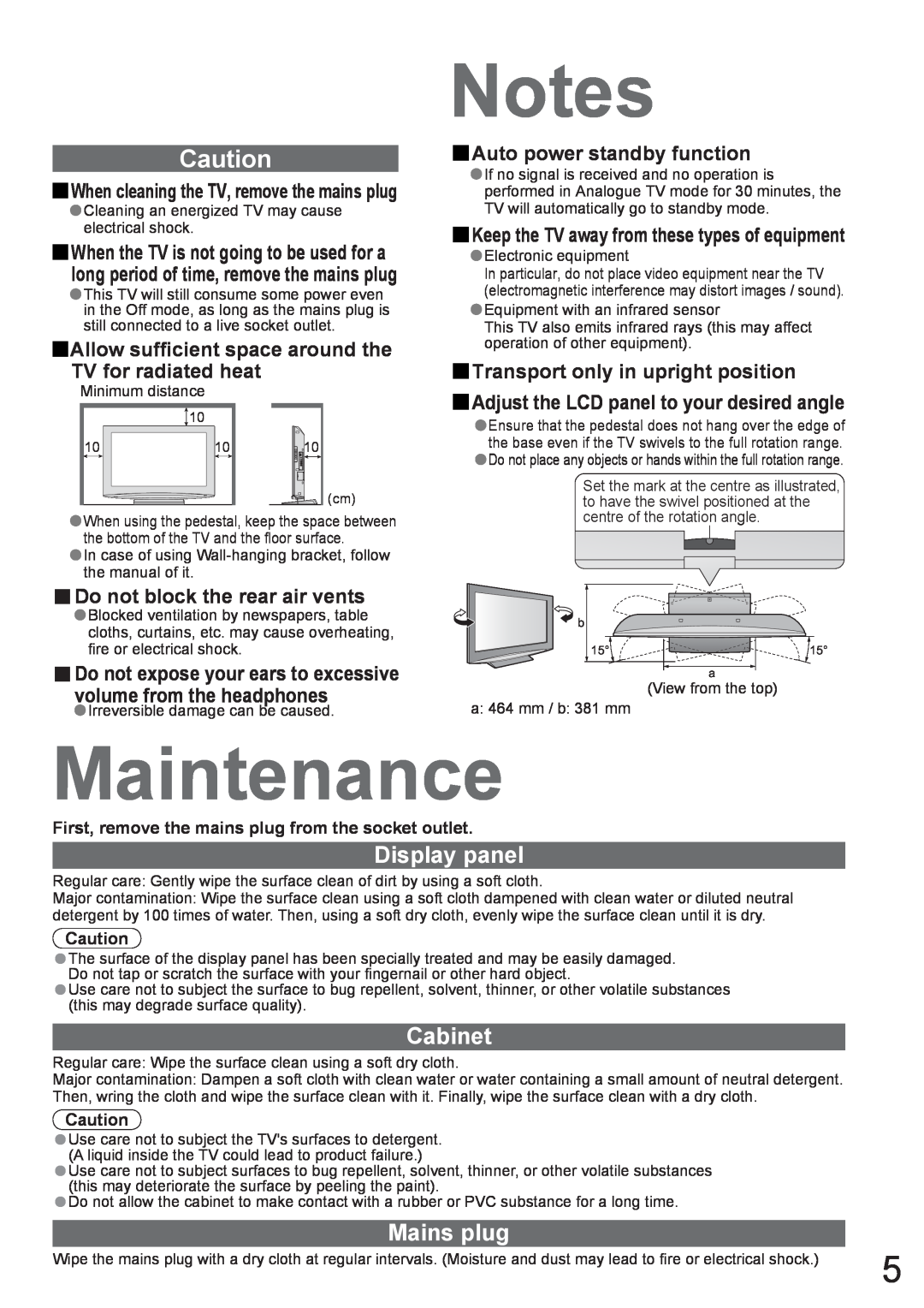Panasonic TX-37LZD800A manual Maintenance, Display panel, Cabinet, Mains plug, Do not block the rear air vents 