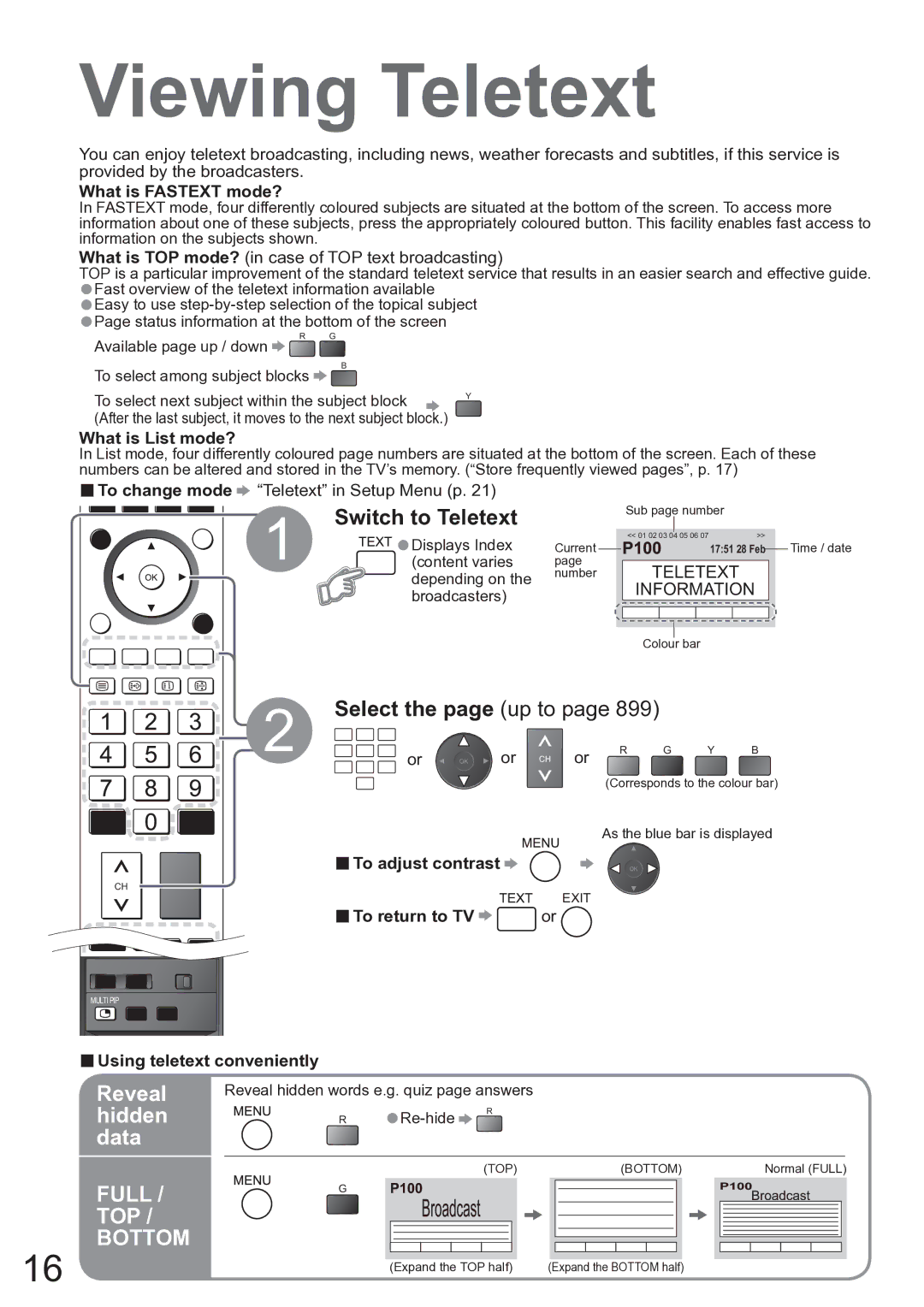 Panasonic TX-37LZD850A operating instructions Viewing Teletext, Reveal, Hidden, Data 