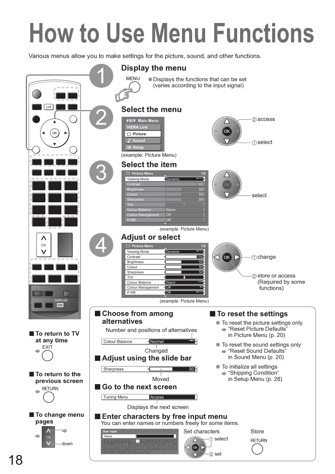 Panasonic TX-37LZD850A operating instructions Display the menu, Select the menu, Select the item, Adjust or select 