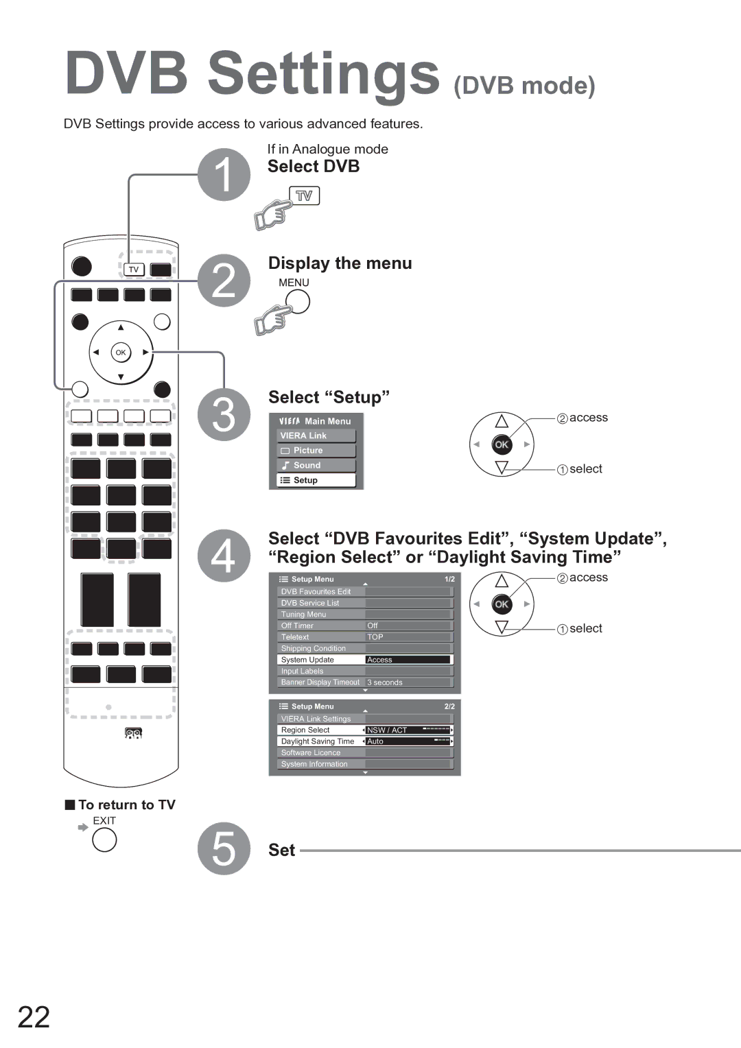 Panasonic TX-37LZD850A operating instructions DVB Settings DVB mode, Select DVB Display the menu, Select Setup 