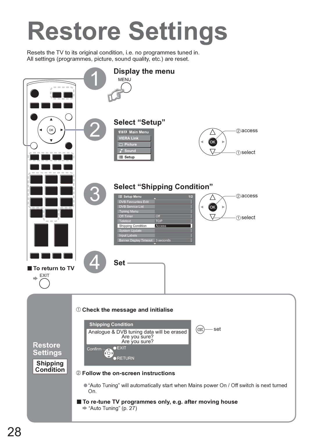 Panasonic TX-37LZD850A operating instructions Restore Settings, Select Shipping Condition 