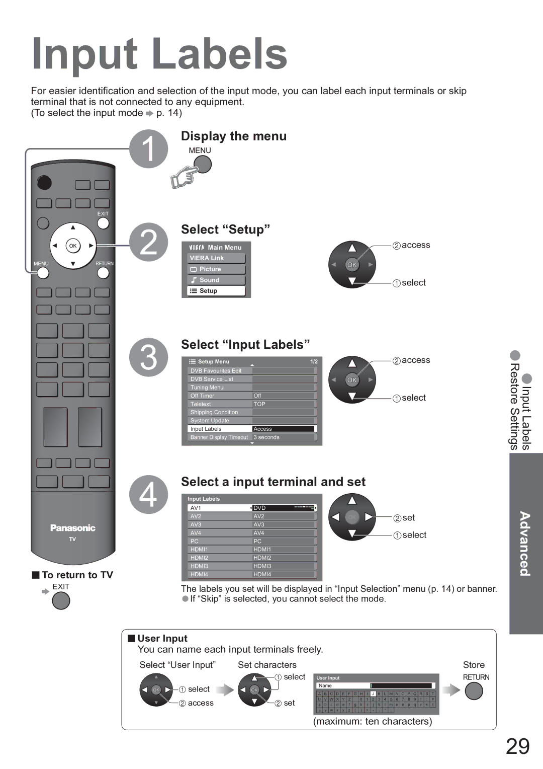 Panasonic TX-37LZD850A operating instructions Select Input Labels, Select a input terminal and set, User Input 