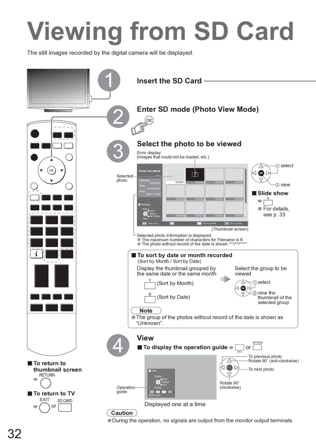 Panasonic TX-37LZD850A Viewing from SD Card, Slide show, To return to Thumbnail screen, To display the operation guide 