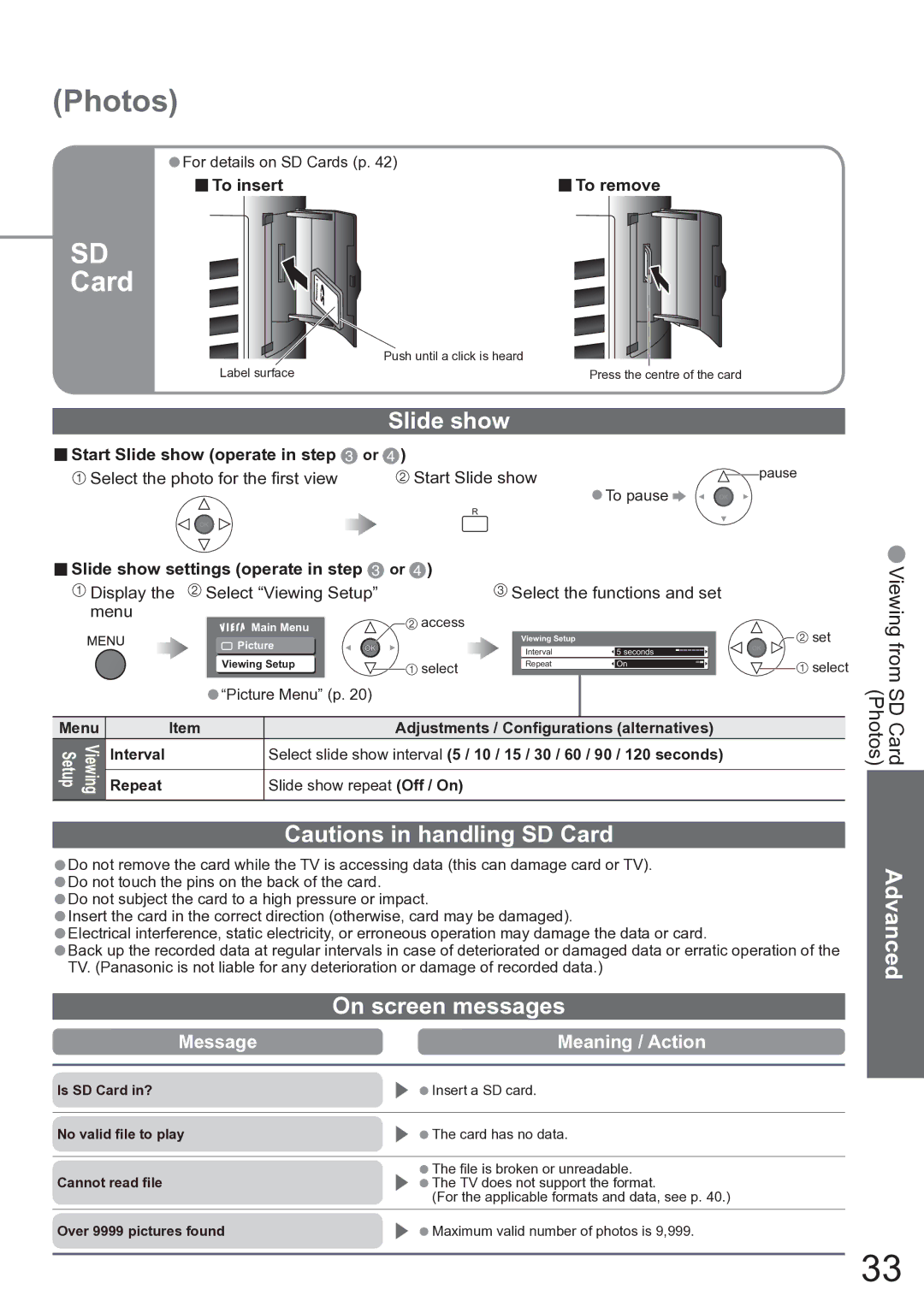 Panasonic TX-37LZD850A On screen messages, To insert, To remove, Start Slide show operate in step or 