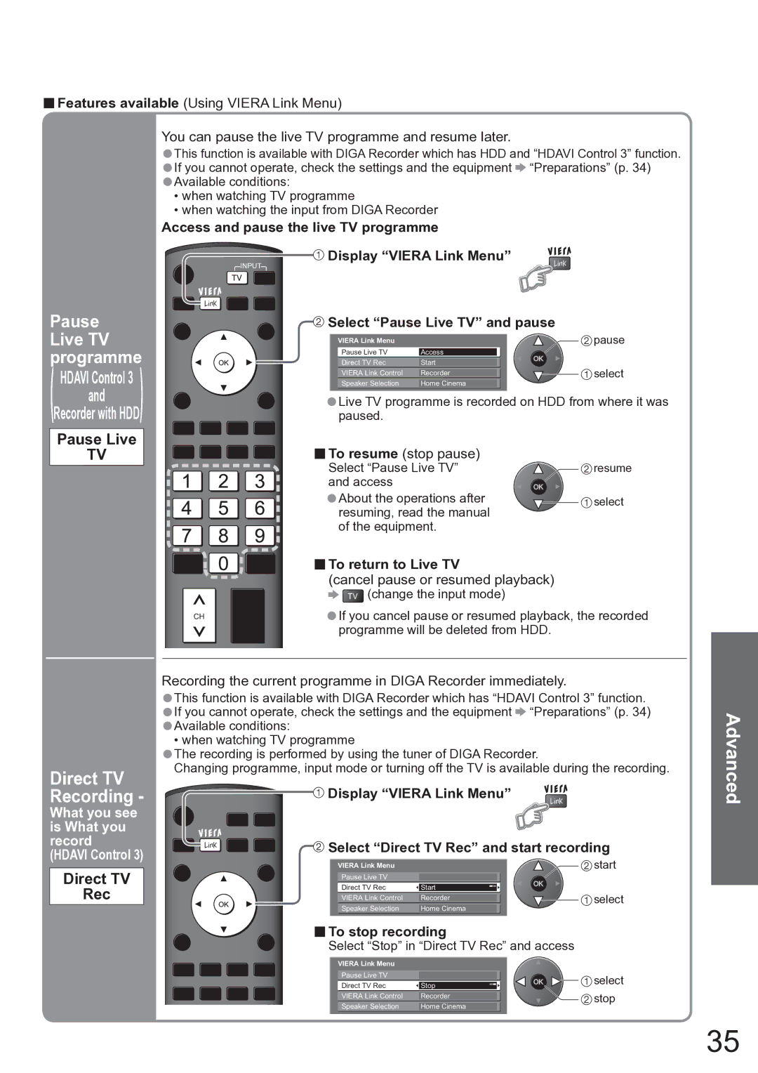 Panasonic TX-37LZD850A operating instructions Pause Live, Direct TV Rec 