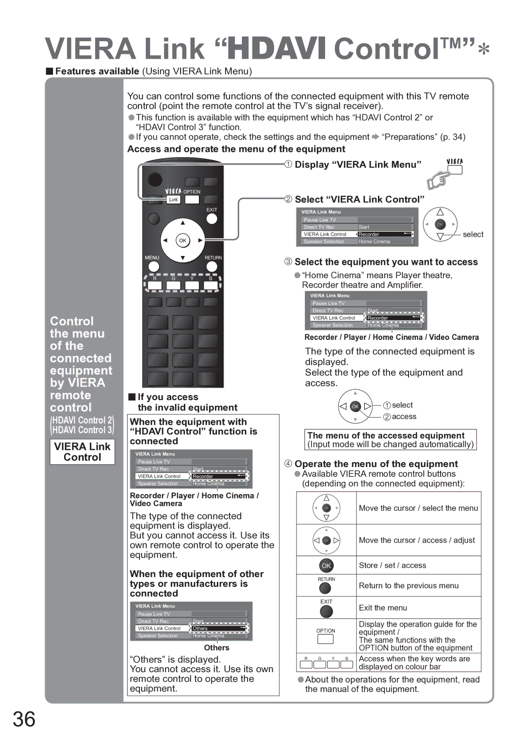 Panasonic TX-37LZD850A Viera Link Control, Access and operate the menu of the equipment, Operate the menu of the equipment 