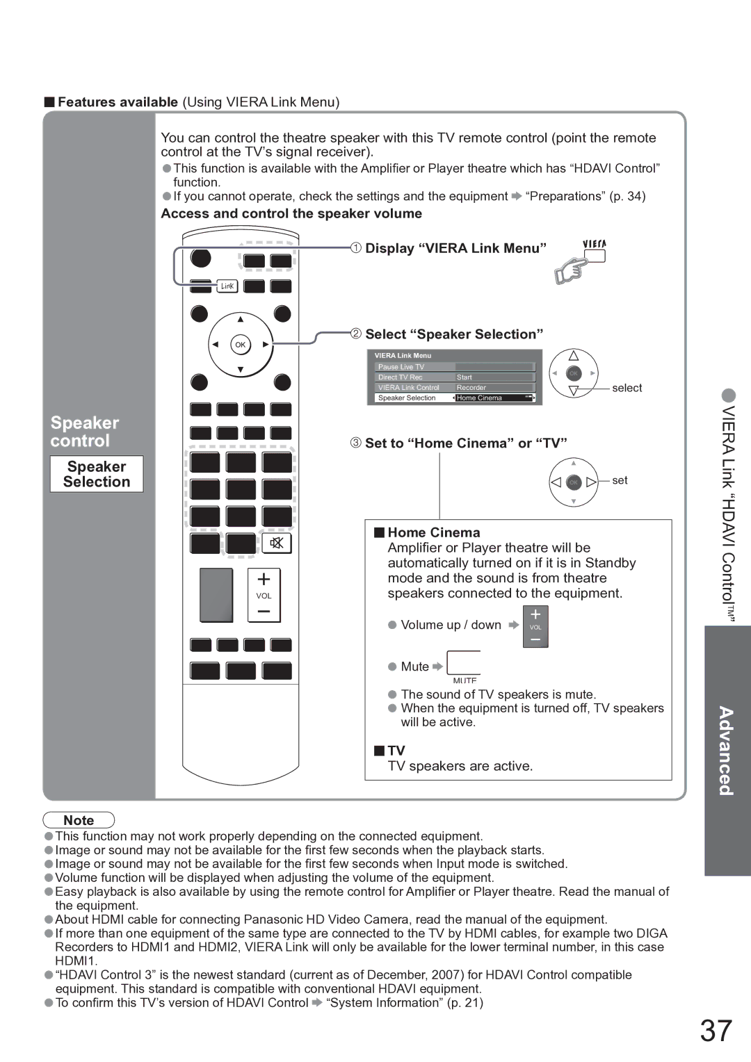 Panasonic TX-37LZD850A operating instructions Speaker control, Speaker Selection 