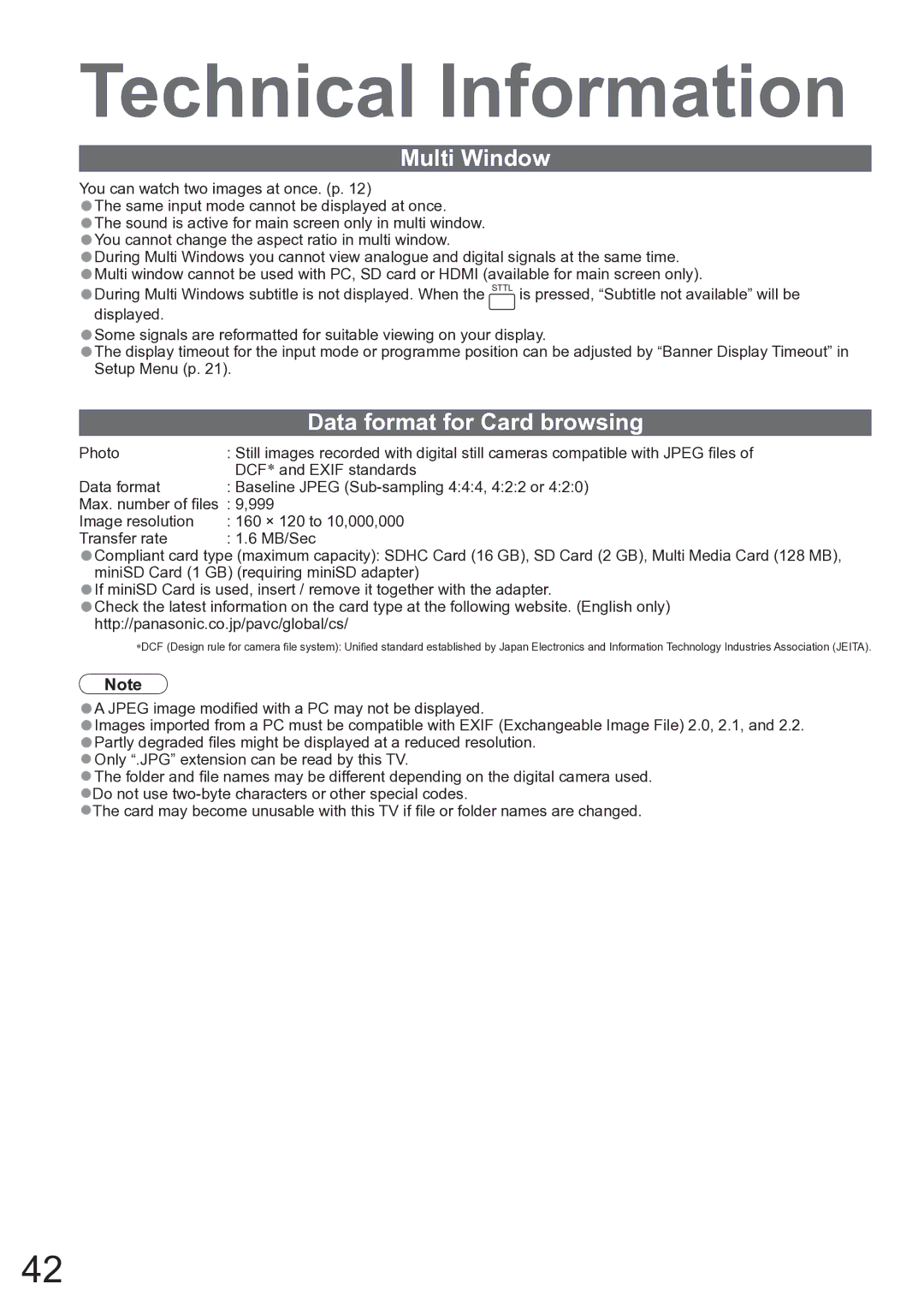 Panasonic TX-37LZD850A operating instructions Multi Window, Data format for Card browsing 