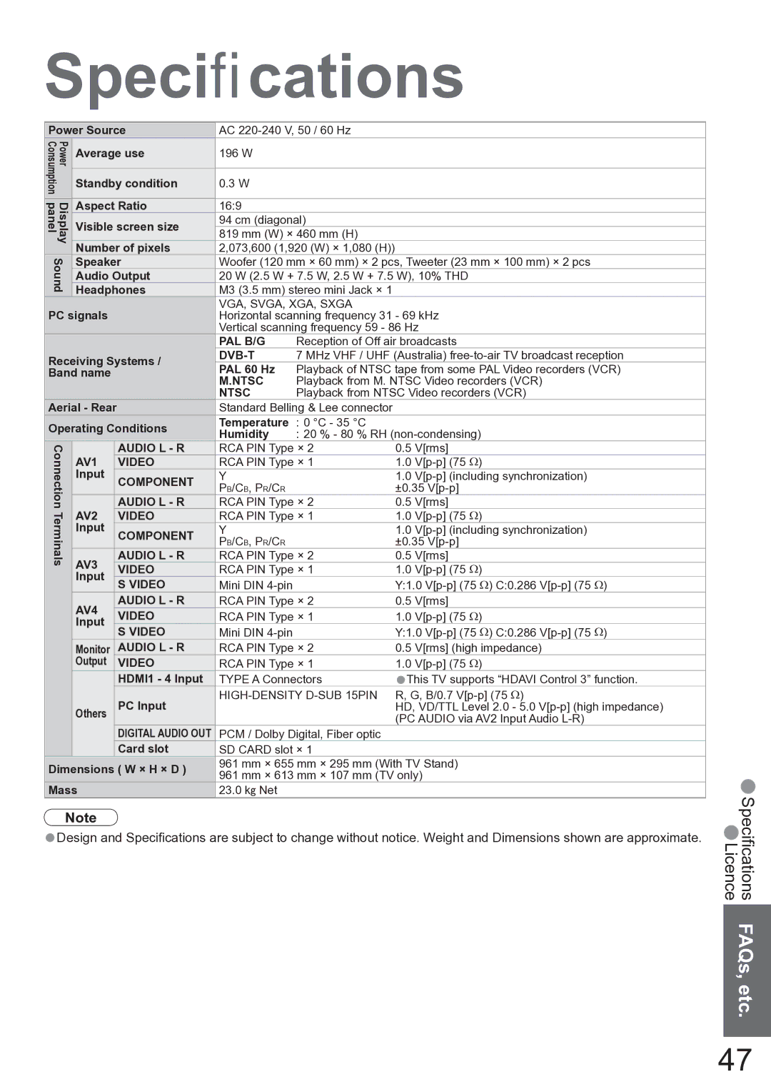 Panasonic TX-37LZD850A operating instructions Speciﬁcations 