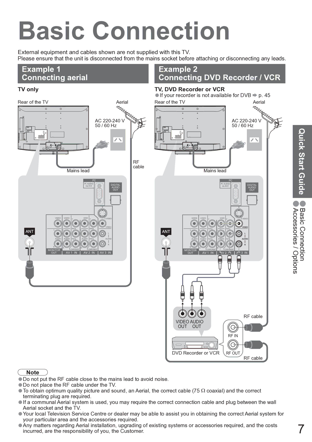 Panasonic TX-37LZD850A operating instructions Basic Connection, Example Connecting aerial Connecting DVD Recorder / VCR 