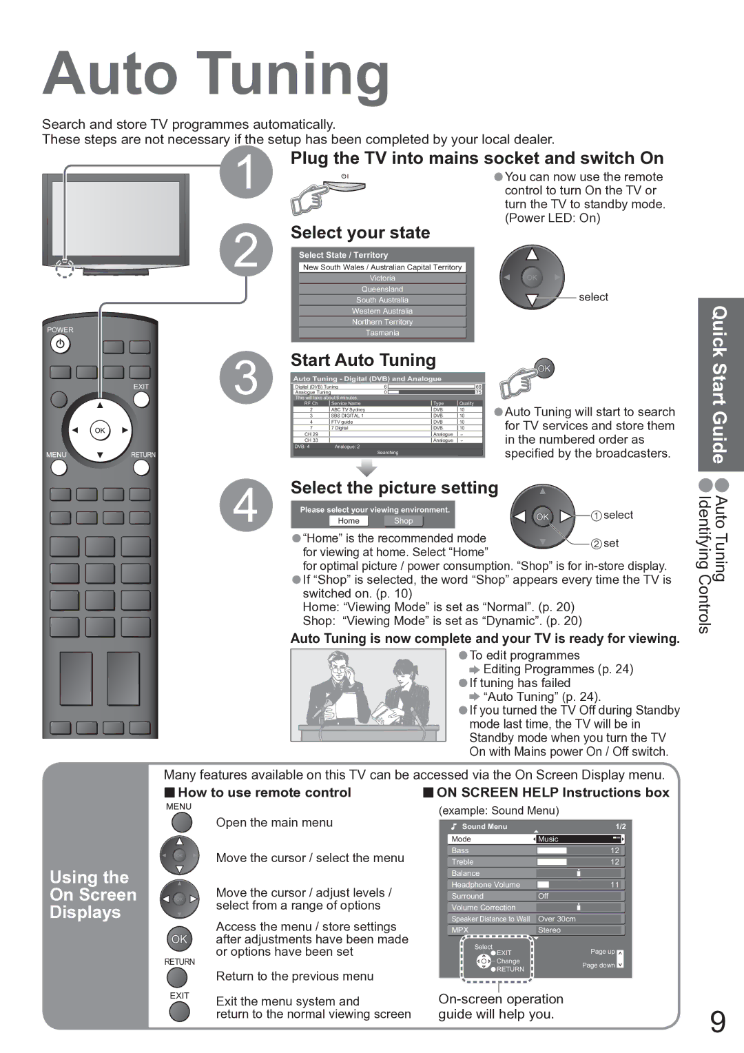 Panasonic TX-37LZD850A operating instructions Start, Guide, Quick, Using On Screen Displays 