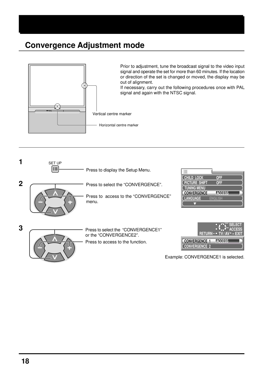 Panasonic TX-43P250X, TX-43P250H, TC-51P250H Convergence Adjustment mode, Language, Select Access Return TV / AV Exit 