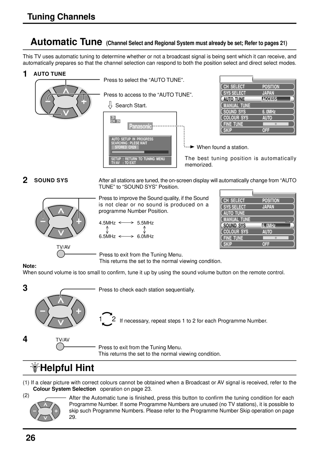 Panasonic TC-51P250H Helpful Hint, Auto Tune Tuning Menu, CH Select Position, SYS Select Japan Auto Tune Access 