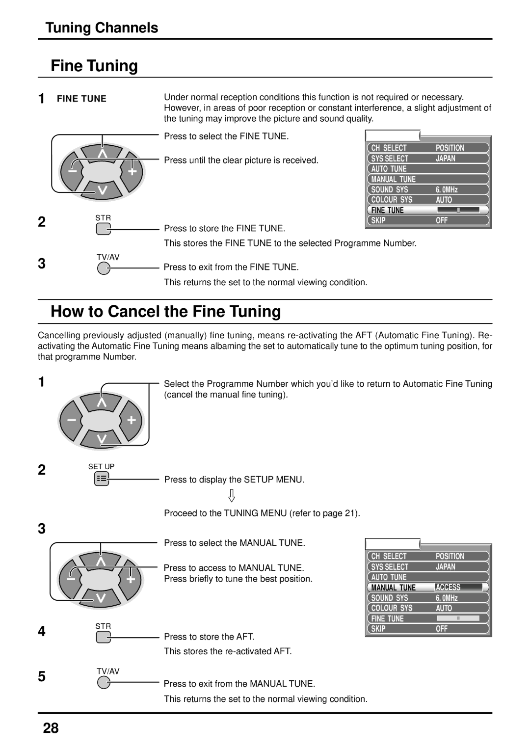 Panasonic TX-51P250H, TX-43P250X, TX-43P250H, TC-51P250H, TC-43P250H, TX-51P250X How to Cancel the Fine Tuning, Fine Tune 