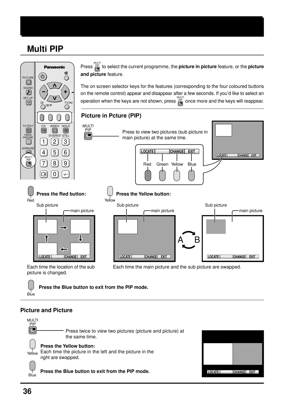 Panasonic TX-43P250X, TX-43P250H, TC-51P250H Multi Screen, Multi PIP, Press the Red button, Press the Yellow button 