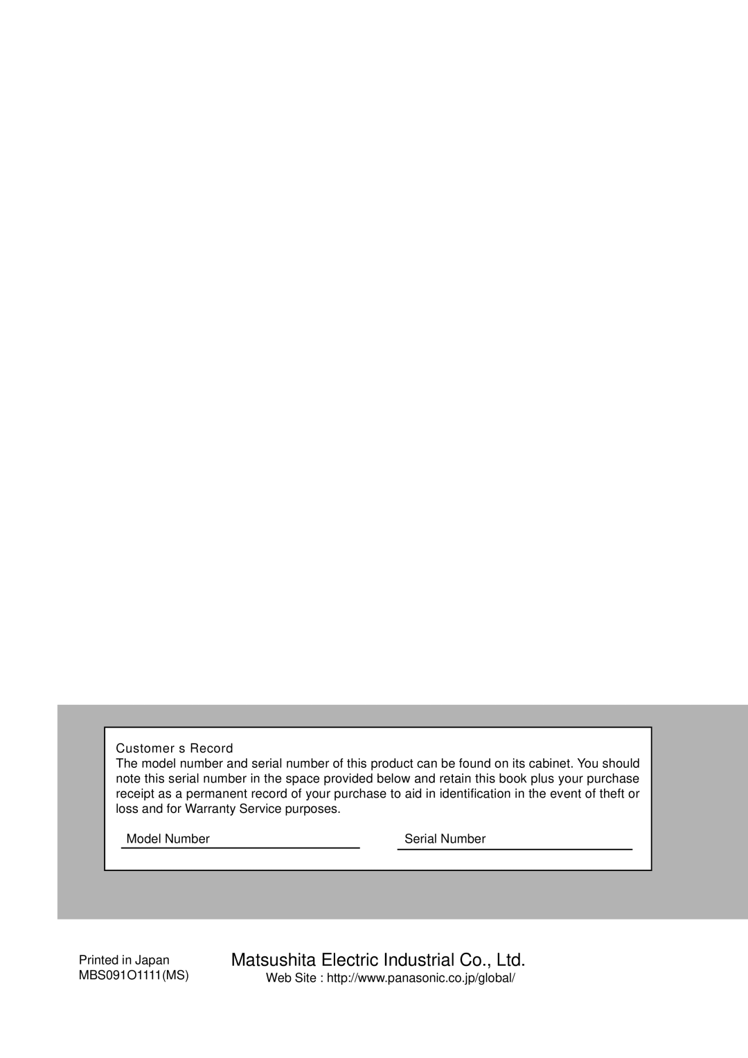 Panasonic TC-51P250H, TX-43P250X, TX-43P250H, TC-43P250H, TX-51P250H, TX-51P250X instruction manual Customer’s Record 