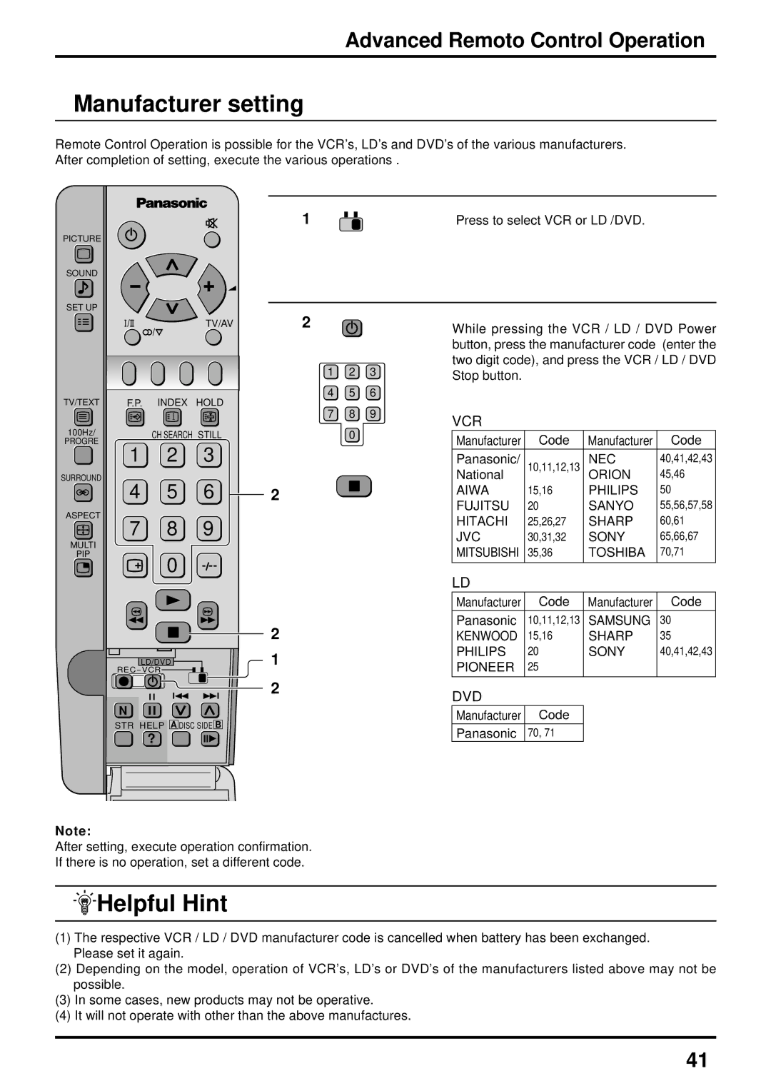 Panasonic TX-47P500H, TX-47P500X instruction manual Manufacturer setting, Advanced Remoto Control Operation 