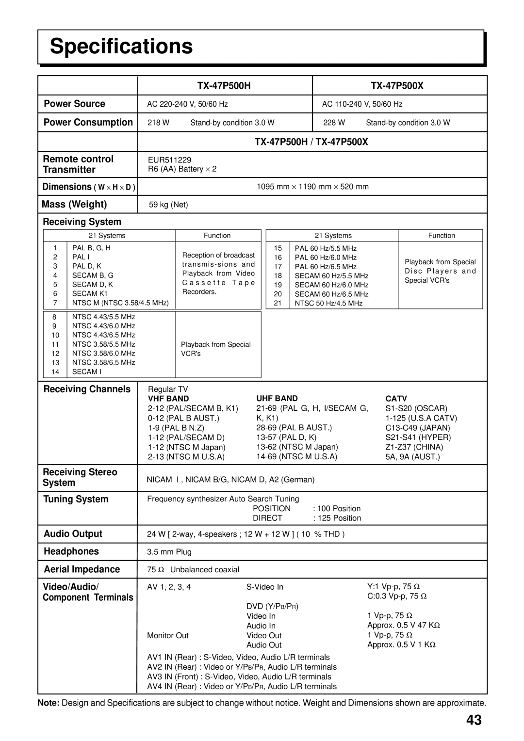 Panasonic TX-47P500H, TX-47P500X instruction manual Specifications, Dimensions W ⋅ H ⋅ D 