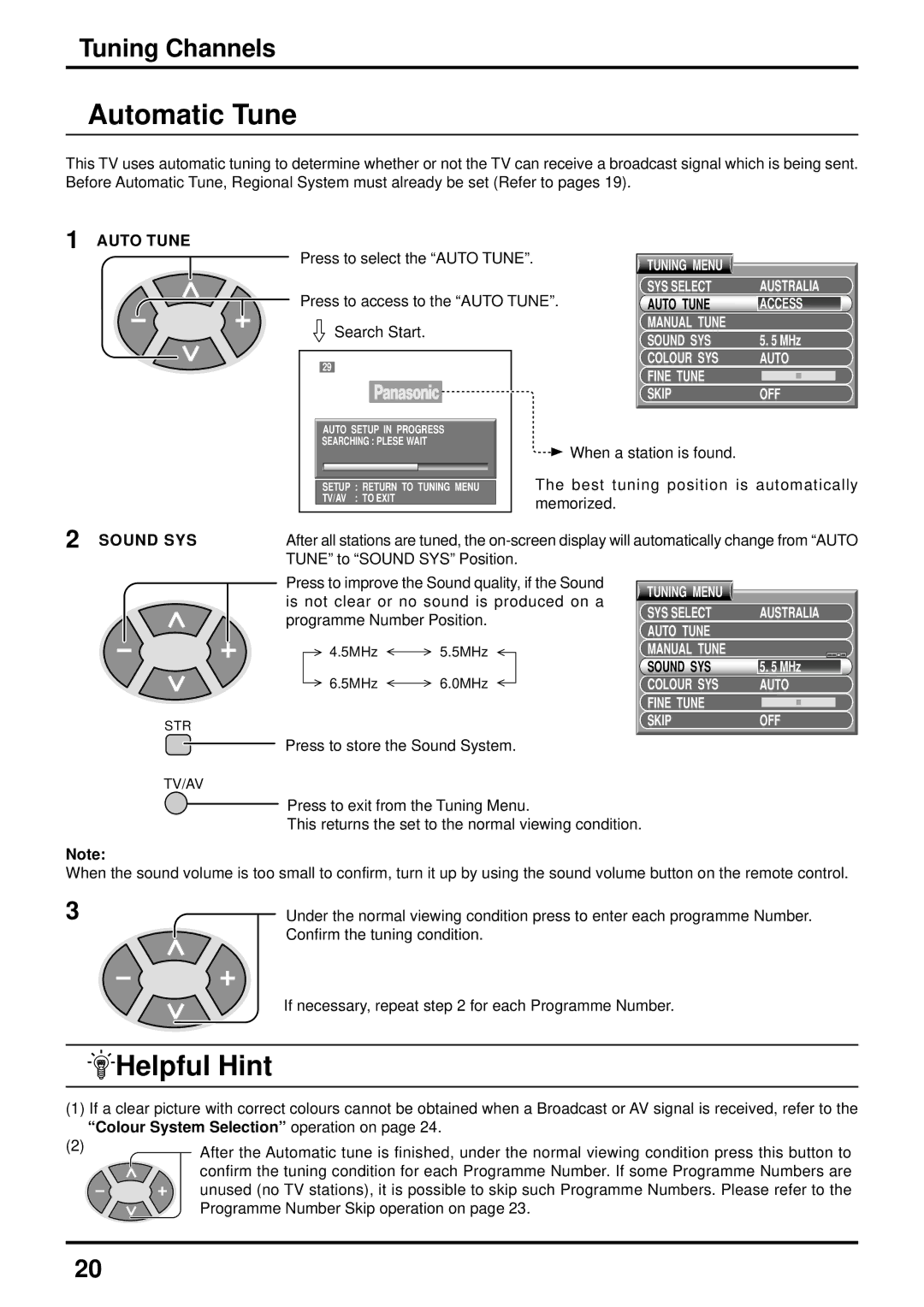 Panasonic TX-47P600HZ instruction manual Automatic Tune, Helpful Hint, Tuning Channels 