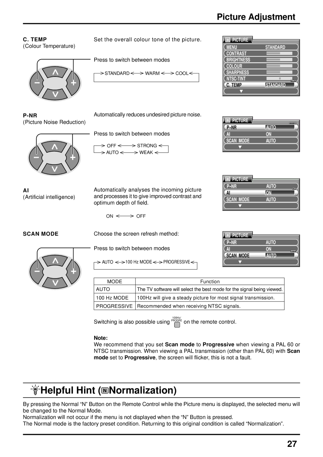 Panasonic TX-47P600HZ instruction manual Helpful Hint N Normalization, Picture Adjustment, Picture Auto Scan Mode 