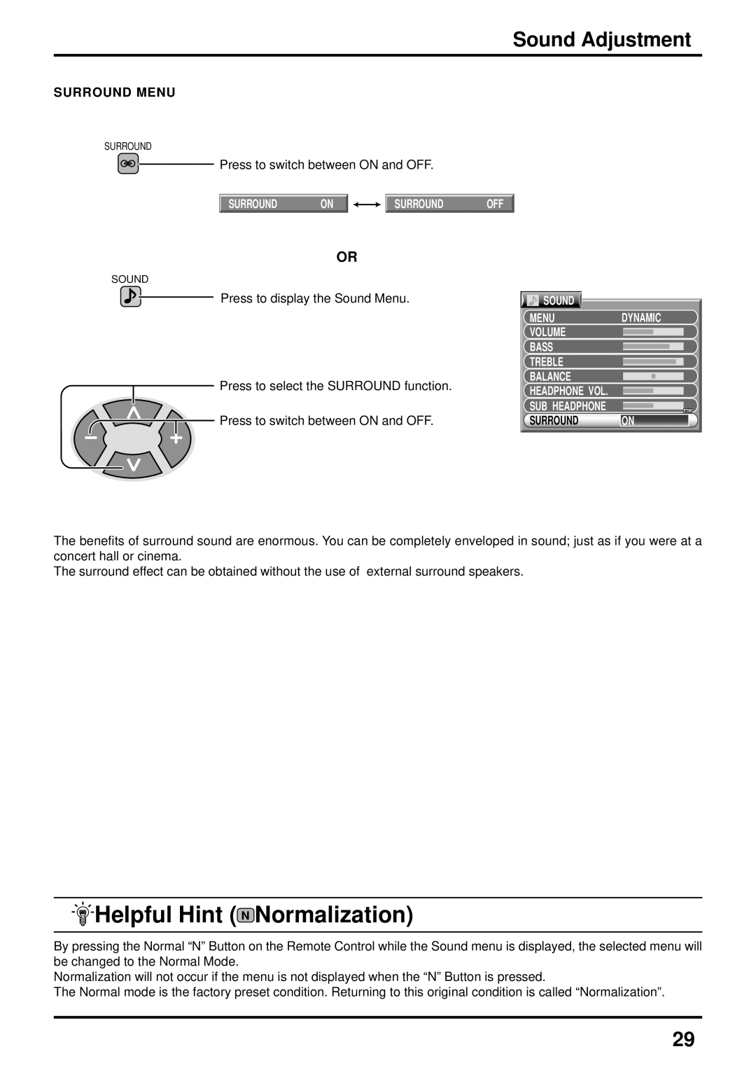 Panasonic TX-47P600HZ instruction manual Sound Adjustment, Surround on Surround OFF 