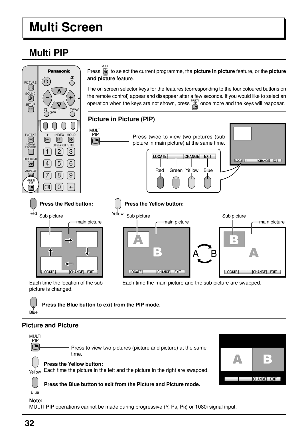 Panasonic TX-47P600HZ instruction manual Multi Screen, Multi PIP, Press the Red button Press the Yellow button 