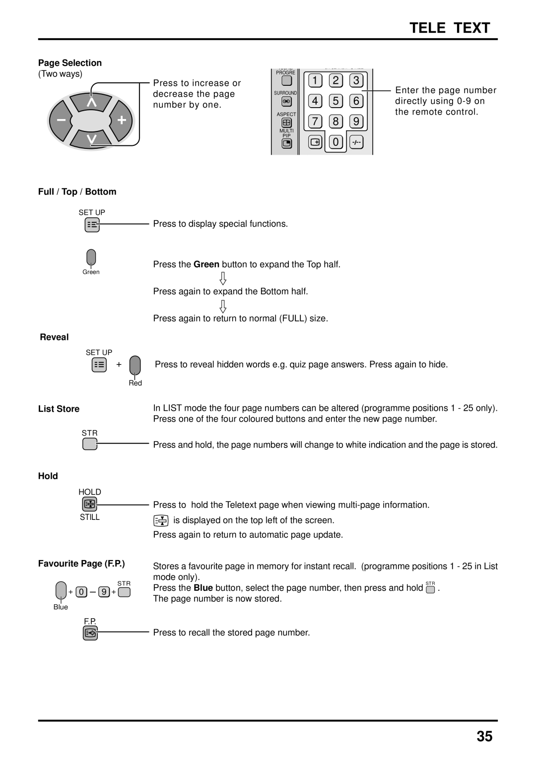 Panasonic TX-47P600HZ instruction manual Selection, FulI / Top / Bottom, Reveal, List Store, Hold, Favourite Page F.P 