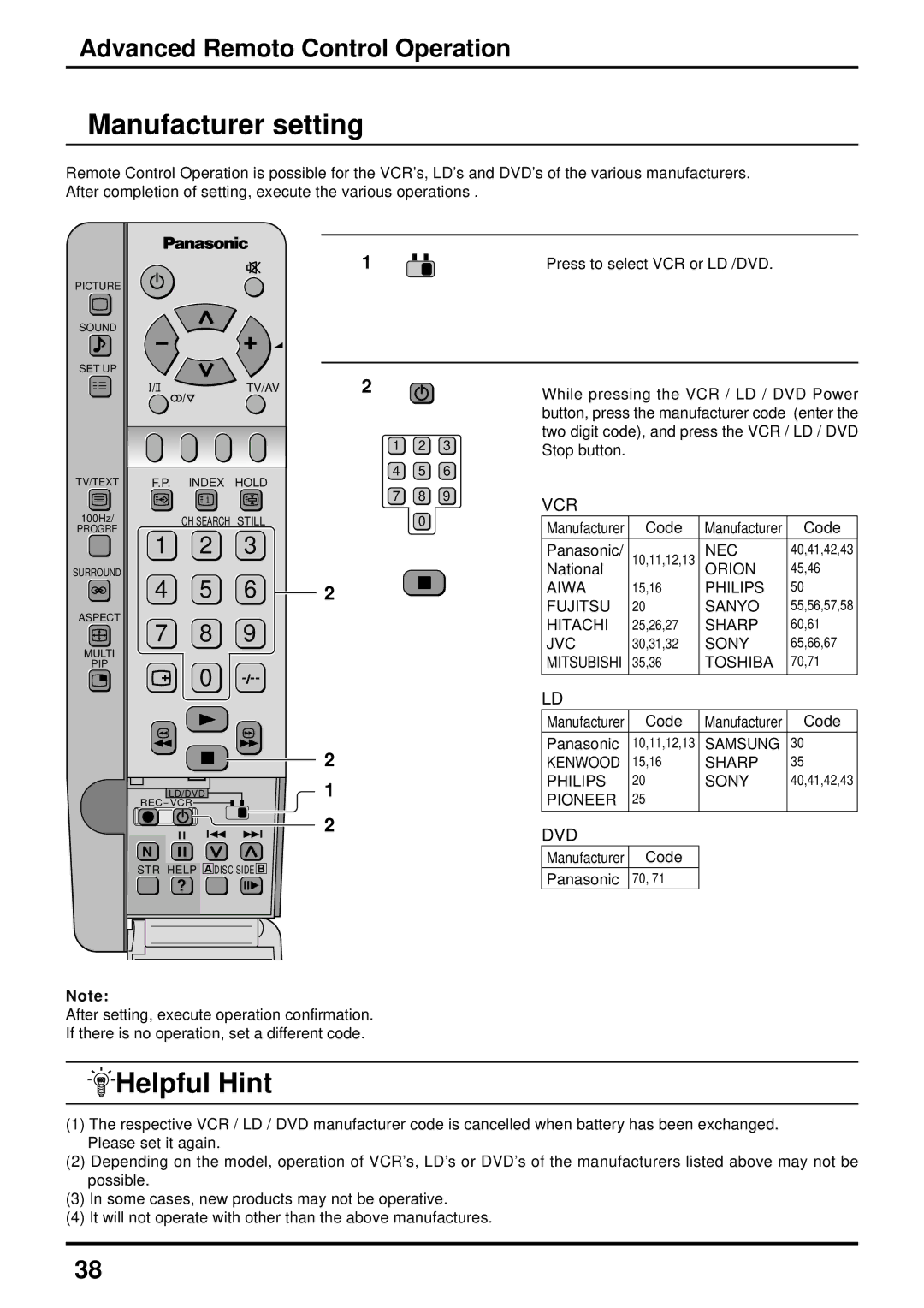 Panasonic TX-47P600HZ instruction manual Manufacturer setting, Advanced Remoto Control Operation 