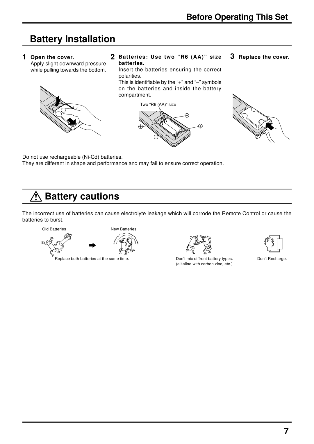 Panasonic TX-47P600HZ instruction manual Battery Installation, Battery cautions, Before Operating This Set 