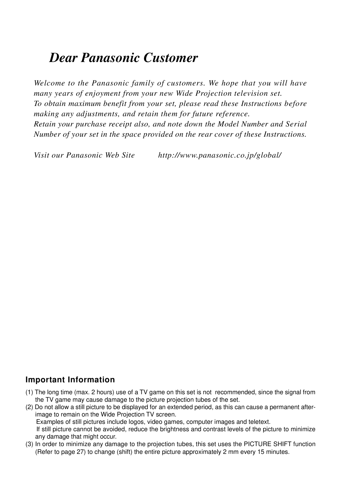 Panasonic TX-47P600X instruction manual Dear Panasonic Customer 