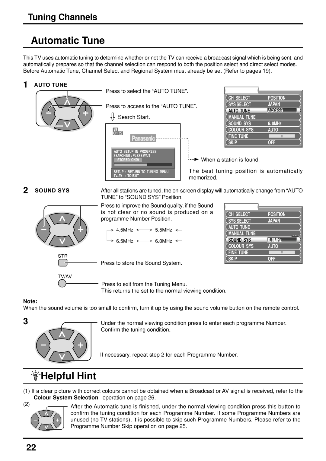 Panasonic TX-47P600X instruction manual Automatic Tune, Helpful Hint 