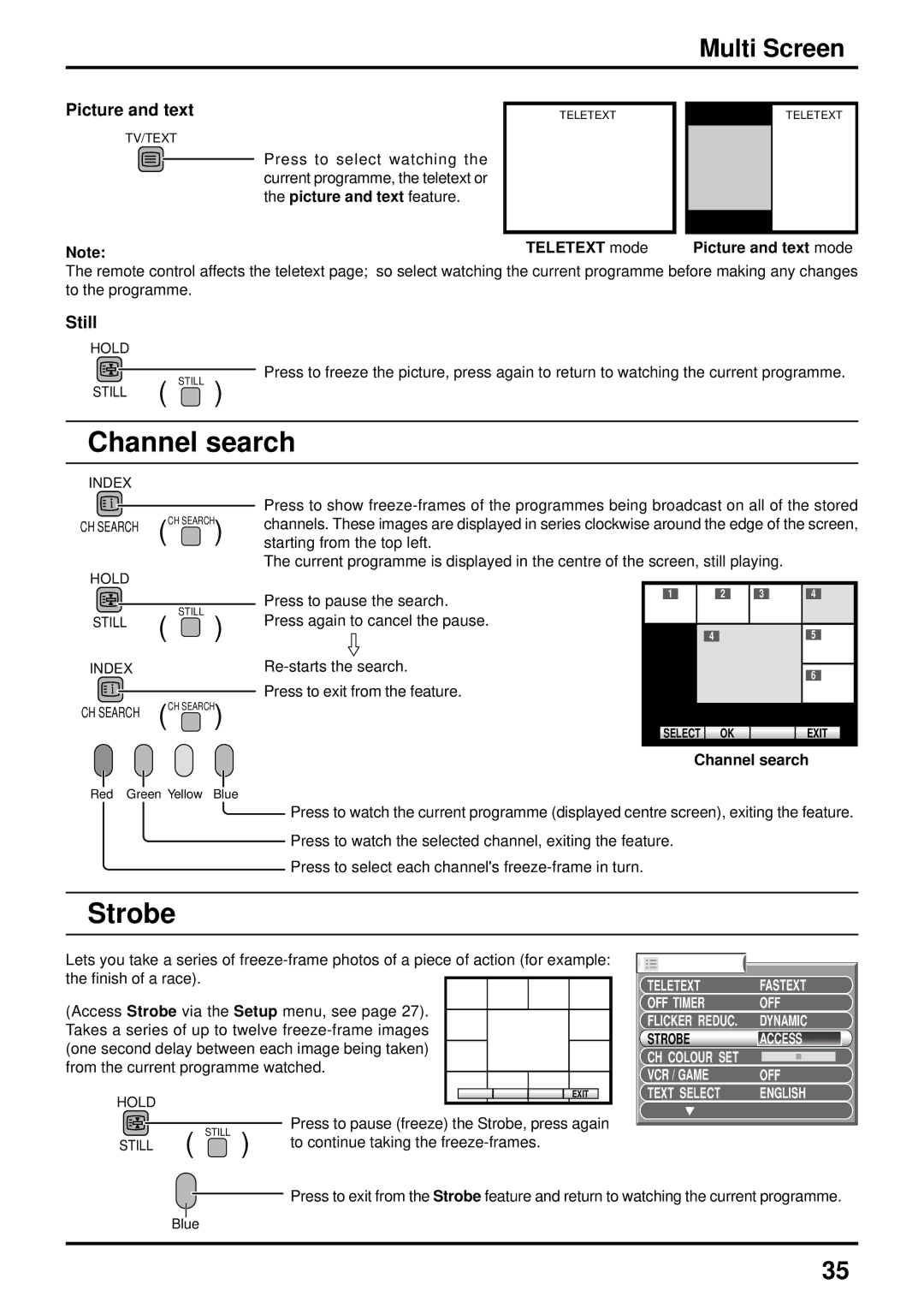 Panasonic TX-47P600X instruction manual Channel search, Strobe, Multi Screen, Teletext, VCR / Game OFF 